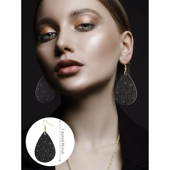 Women's Glitter Jewelry Set Faux Leather Multi-Layer Dangle Earrings Necklace Br - Picture 3 of 5